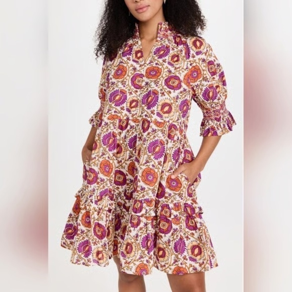 Figue Halima Dress Flowering White Vine Orange Purple Floral Short Sleeve
